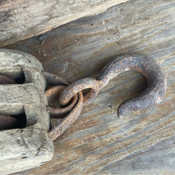 Very Vintage Rustic Wood Iron Block & Tackle Pulley Primitive - Picture 10 of 13